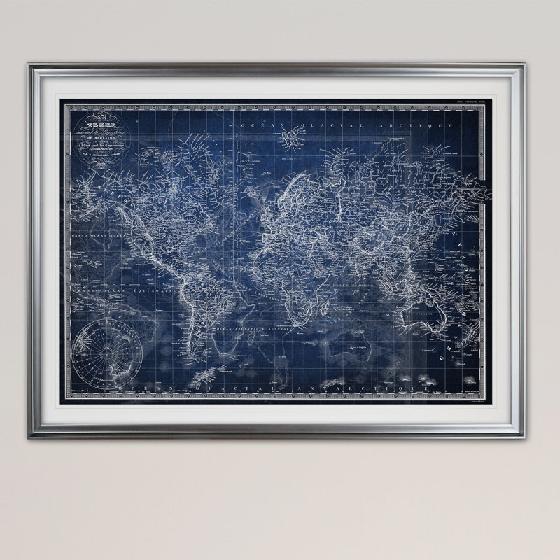 «Vintage World Map V», impression, Cadre argenté, H 31 po x l 43 po x P 1,5 po