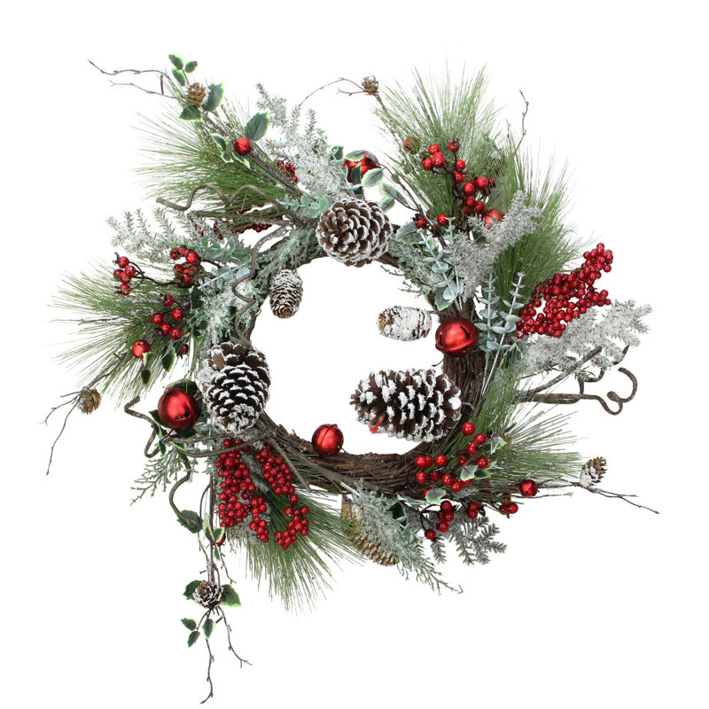 Couronne de Noël artificielle givrée, baies et pommes de pin, 24 pouces, non éclairée