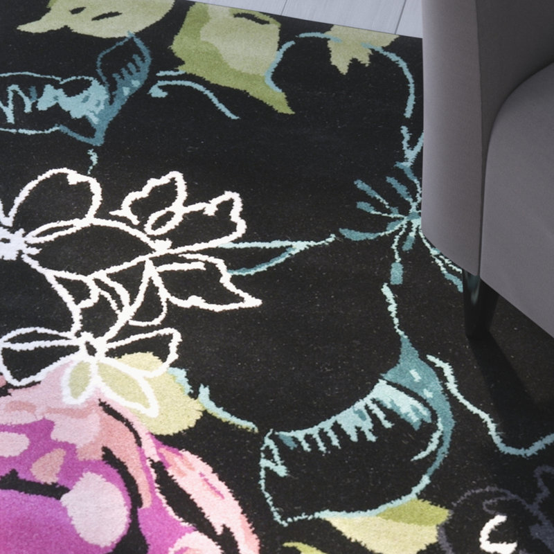 Tapis d'intérieur en laine touffeté à la main à motif floral noir / gris Matthews, Rond 7 pi