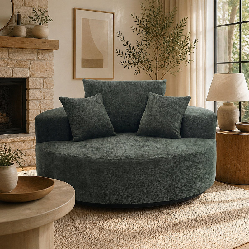 Fauteuil pivotant rond surdimensionné de 55 pouces avec rotation à 360 °, Chenille verte