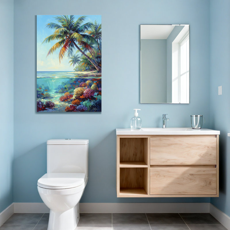 Plantes et fleurs, plage tropicale, palmiers, récif de corail, océan, ciel, coucher de soleil, couleurs, H 30 po x l 20 po
