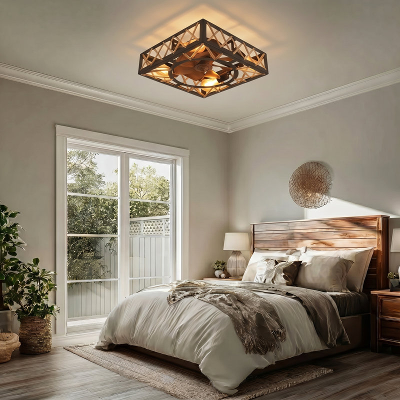 Achilles 19.3'' Farmhouse Style Square Caged Ceiling Fan with Lights, Recessed Ceiling Fan with Remote App Control, Reversible, 6 Speed ​​Timer