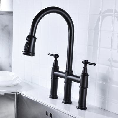 Matte Black Pull-Down Kitchen Faucet - Dual Handles For Precise Temperature And Flow Regulation 360-Degree Rotating High Nozzle Enlarged Cleaning Reach Brass Made Durability Bridge Effortless Handle