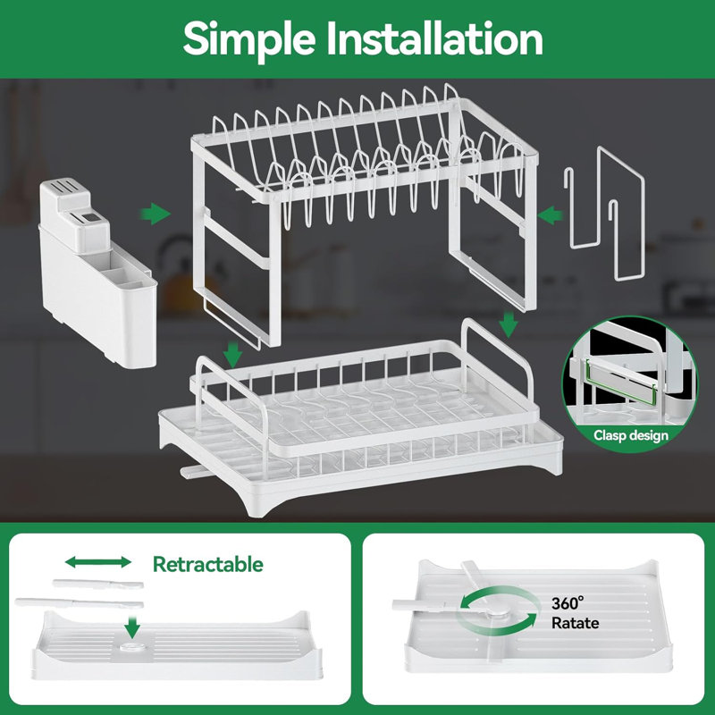 2-Tier Rust-Resistant Metal Dish Rack With Drainboard For Kitchen Counter, Natural