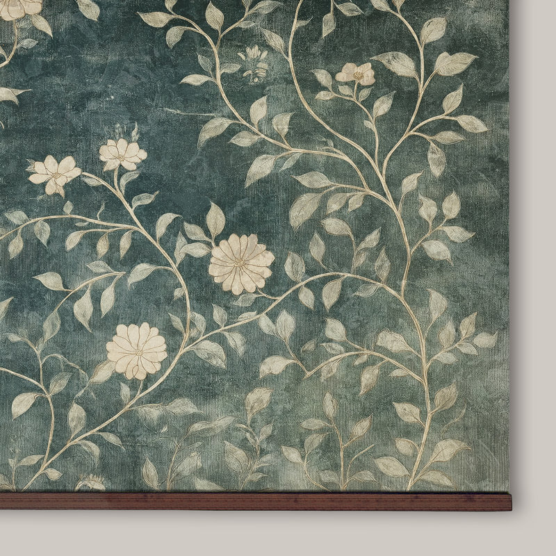 Tapisserie murale florale rétro - Art de style antique avec cadre en bois suspendu, vert et crème, H 40 po x l 60 po
