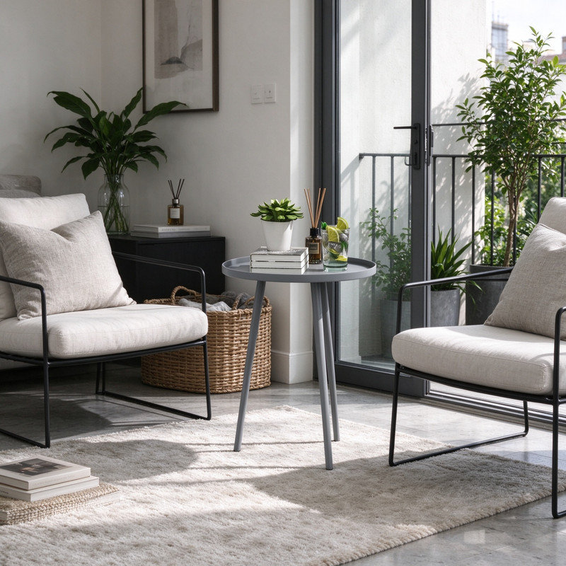 Grey Steel Garden Side Table, Modern Round Outdoor Coffee Table with Anti-drop Raised Edge