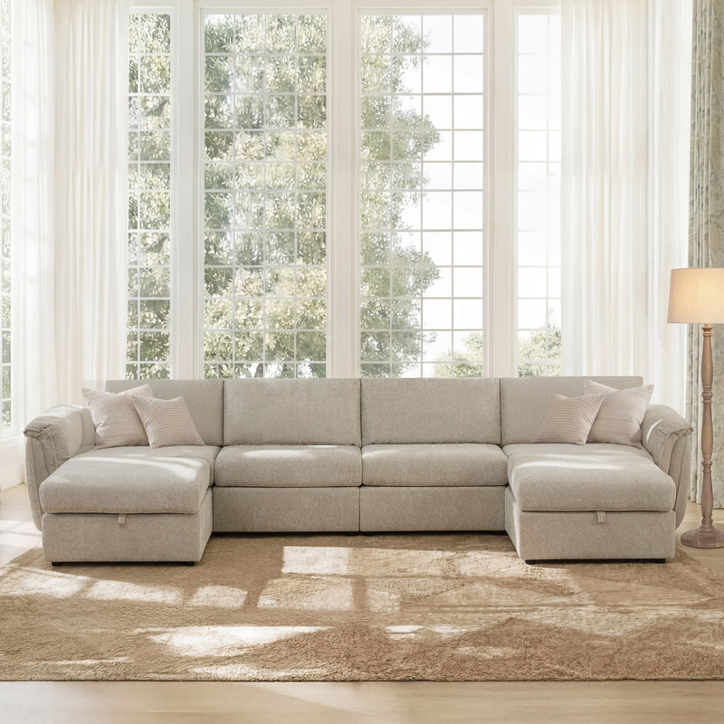 Cleland 156" W Modern 6-Piece Upholstered Modular Sofa With Ottoman, Taupe Polyester, 34.6" H x 155.9" W x 66.9" D