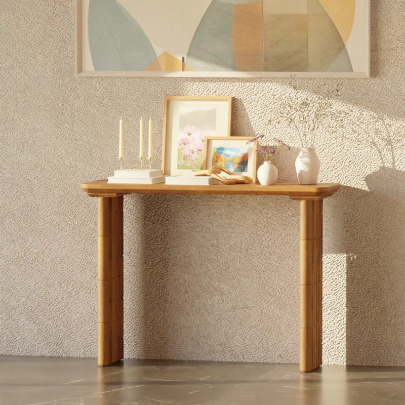 Console moderne en bois massif avec pieds cannelés - finition noyer, table d'entrée pour vestibule ou couloir, style maison de campagne