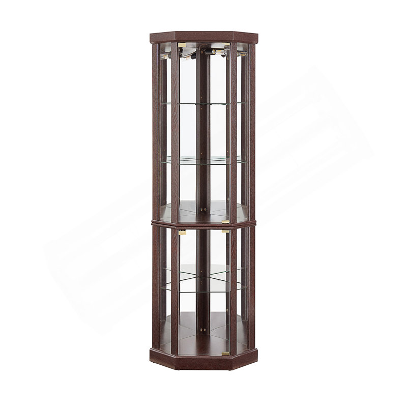 Corner Lighted Curio Cabinet With Adjustable Shelves, Mirrored Back, And Integrated Lighting For Elegant Display., Cherry