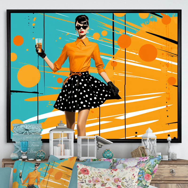 «Orange Midcentry Woman Insta Pose», art mural ballet, H 12 po x l 20 po x P 1 po, Cadre flottant noir