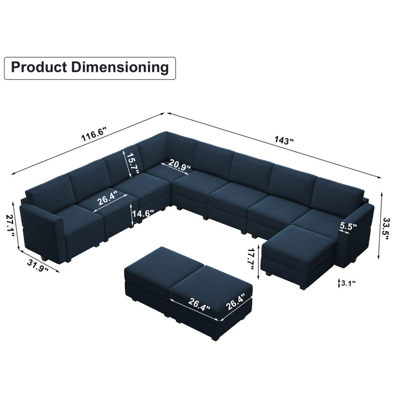 Wylodene 143" W Velvet Modular Sectional Sofa, Blue Velvet