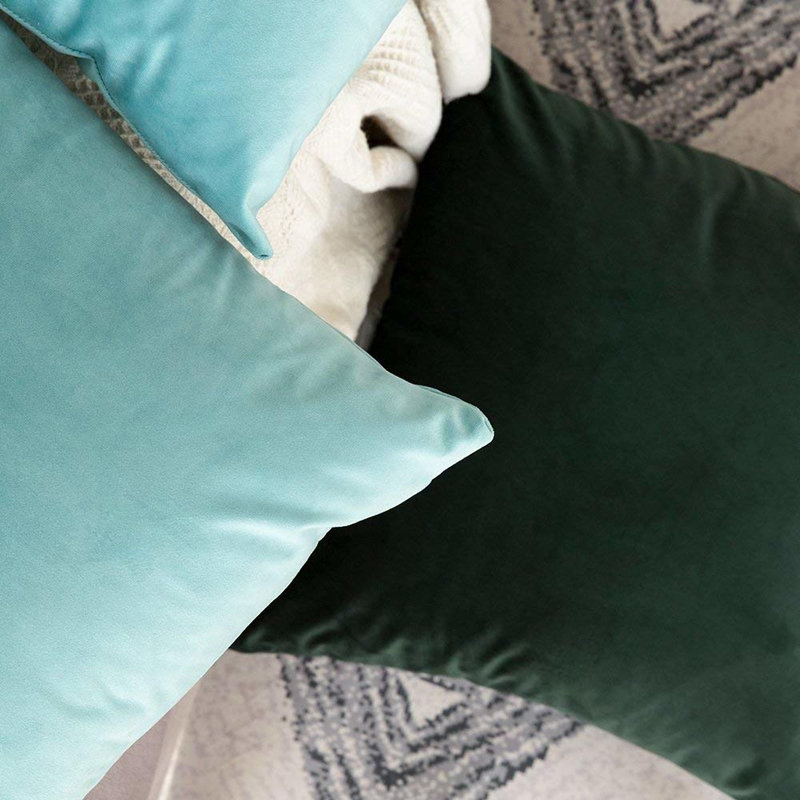 Housse de coussin en velours uni, Bleu-vert, H 20 po x l 20 po