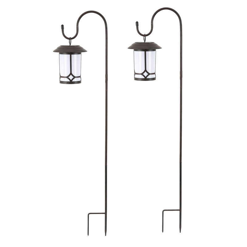 Set of 2 Brown and White Solar-Powered Hanging Lanterns with Shepherd Hooks