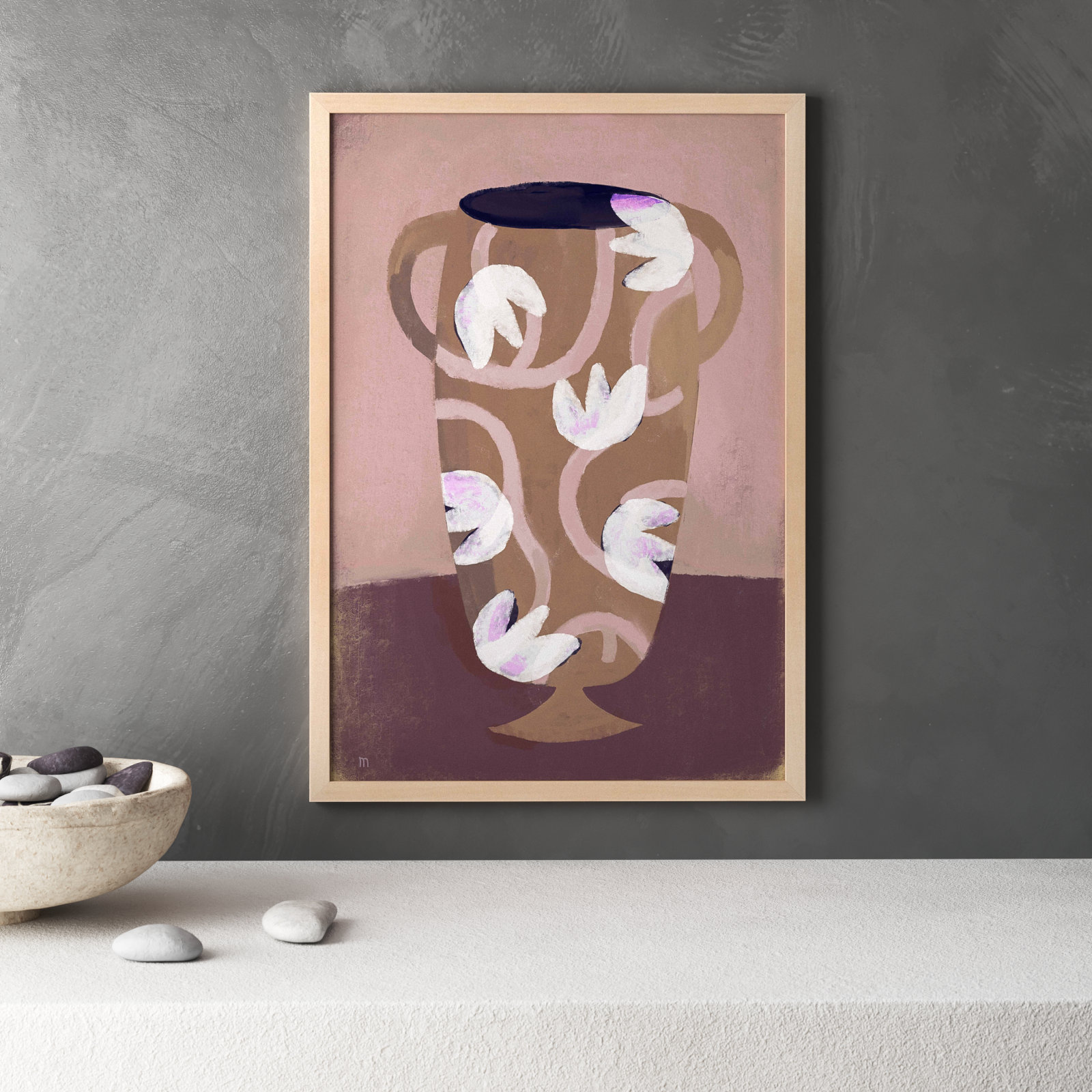 Flowered Vase Print by Marco Marella, 38" H x 26.5" W, Maple Framed Paper