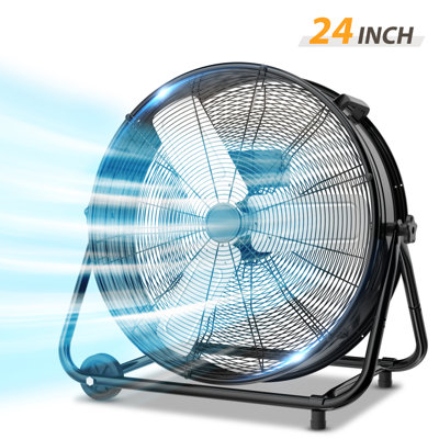 LifePlus 24 Inch Industrial Drum Fan High Velocity Floor Shop Fan 3 Speed, Heavy Duty Metal Air Circulator with Adjustable Tilt & Large Wheel for Warehouse, Garage