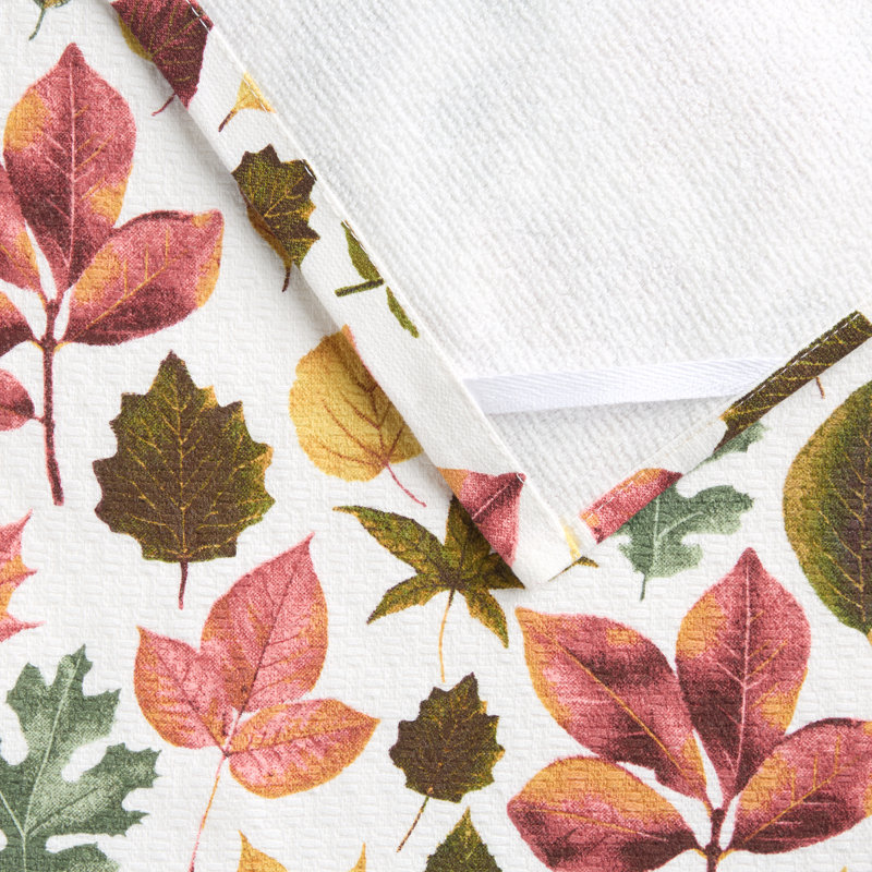 Ensemble de 3 serviettes de cuisine MARTHA STEWART Autumn Harvest Falling Leaves, 100% coton avec éponge absorbante, essuie-tout, brun clair / rouge / vert, 16 po x 28 po