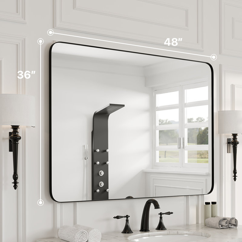 Ebern Designs Ragio Rectangular Black Metal Framed Mirror, 48" x 36"