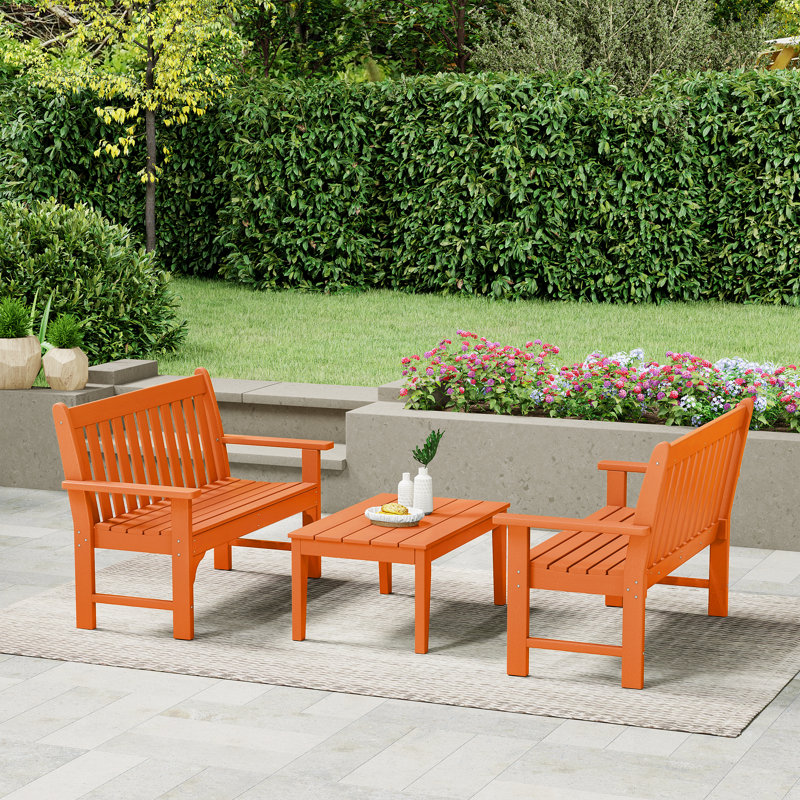 Banc 3 pièces avec table basse Poly, 3 pièces: 1 table basse, 2 bancs, Orange