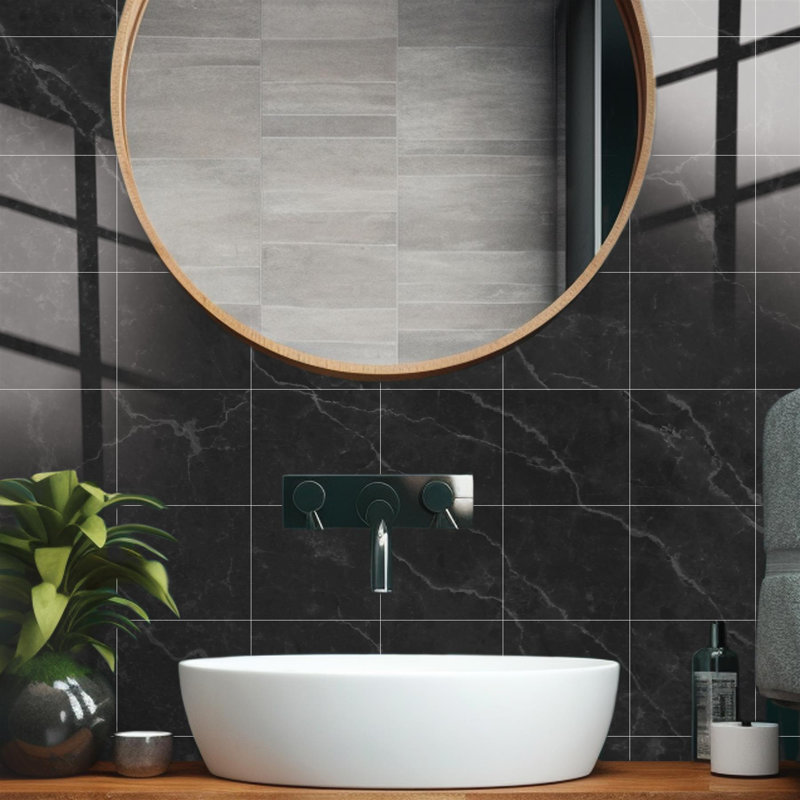 Caela Black Ink Marble Stone Tile Sticker 15.24cm W x 15.24cm L PVC
