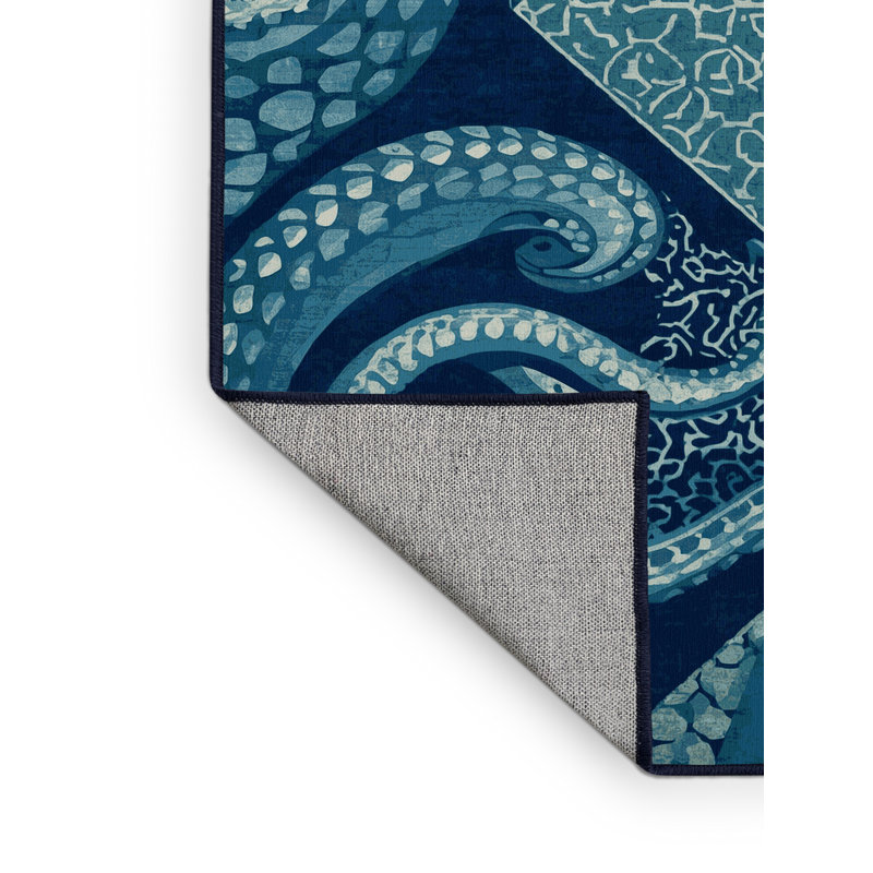Machine Washable Newberry Kraken Global Inspired Geometric Rug in Blue – Navy Binding, 7x10