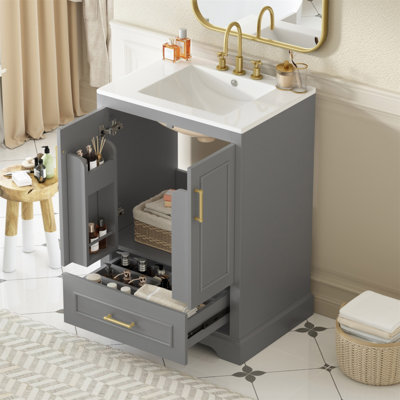 Meuble-lavabo 24 po avec lavabo, armoire en panneau de fibres à densité moyenne avec cadre en bois massif, 1 tiroir divisé et 2 portes à fermeture douce avec double tablette sur la porte, meuble-lavabo autoportant