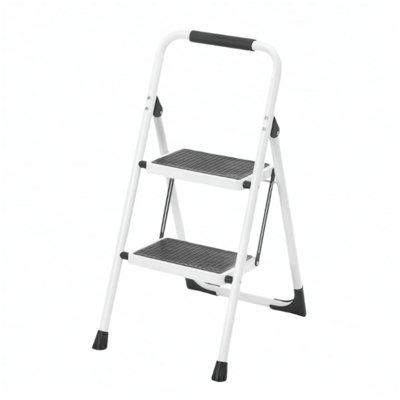 2 Step Ladder, Folding Step Stool with Anti-Slip and Wide Pedal, Lightweight Stepladder with Handrails, Portable for Kitchen, Household, 330LBS, White