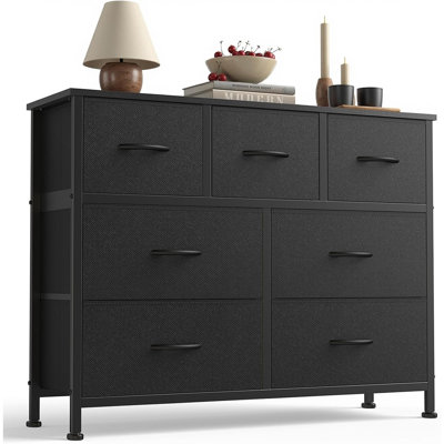 Commode à 7 tiroirs en tissu avec bacs de rangement, plateau en bois et structure robuste en acier, système anti-basculement pour chambre, garde-robe, couloir et entrée, noir