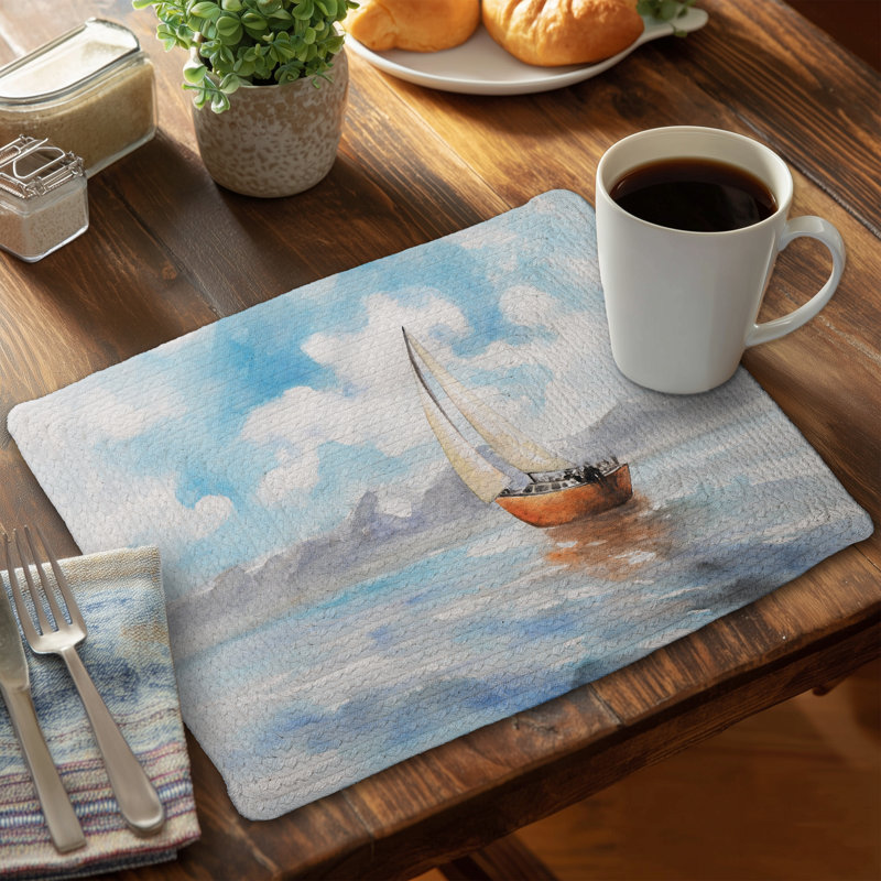 Ensemble de 4 napperons en polyester tressé - décor de paysage de voilier