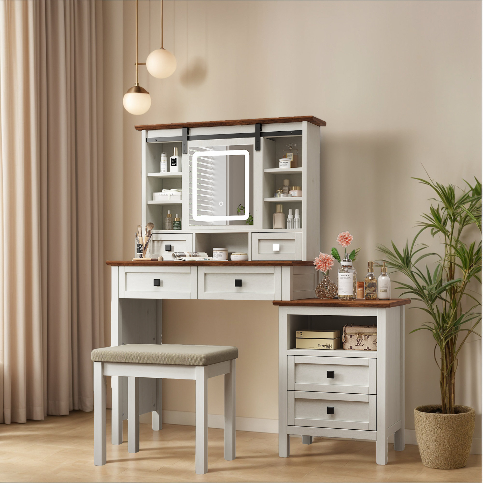 46.5'' Farmhouse Makeup Vanity Desk with Adjustible LED Lighted Mirror and Charging Station for Bedroom, Rustic Dressing Vanity Table with Side Cabinet and Cushioned Stool for Women