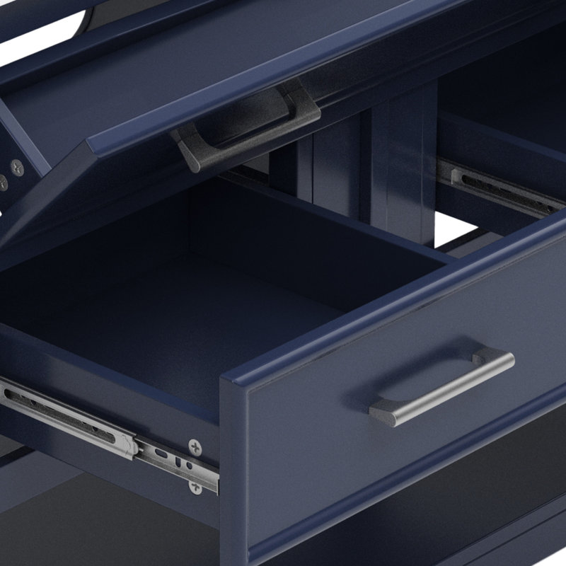 Meuble-lavabo bleu 36 po avec contenu de tiroir 100% visible, plateau basculant, poignées argentées et tablette ouverte en matériau imperméable, lavabo en céramique brillante, zone des tiroirs