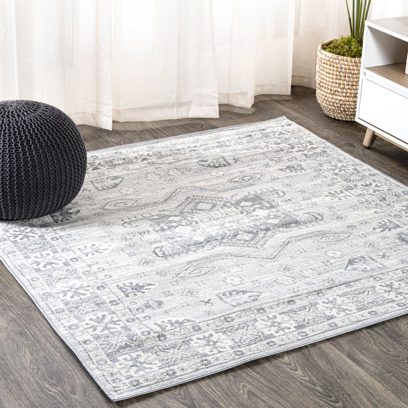 Federick Modern Persian Vintage Medallion Light Grey Rug, Square 5'