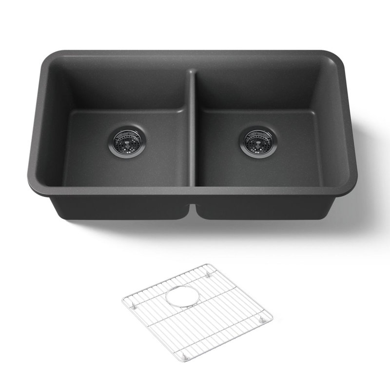 Cairn 34" L x 18" W Under-Mount Double-Equal Kitchen Sink, Brun mat