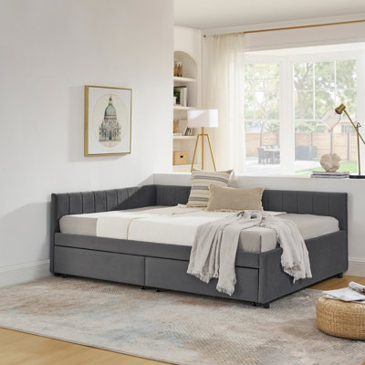 Upholstered Tufted Bed Frame with Two Drawers, Sofa Bed Frame with Comfortable Backrest and Armrests, Velvet