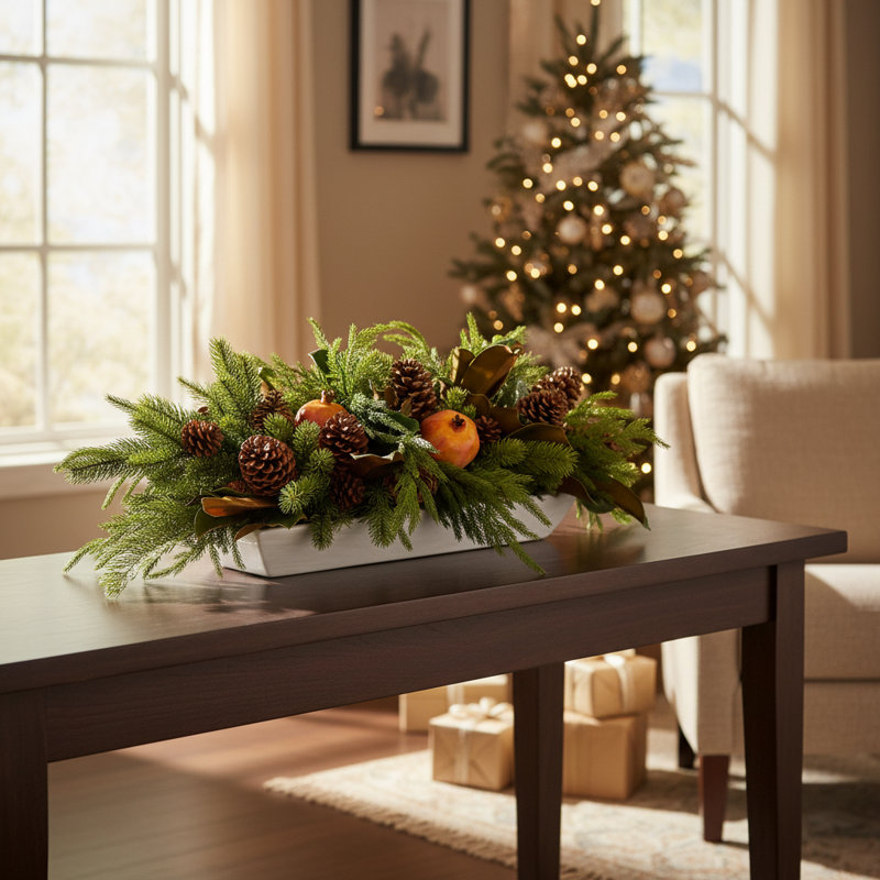 Holiday Arrangement with Evergreens, Pinecones and Pomegranates