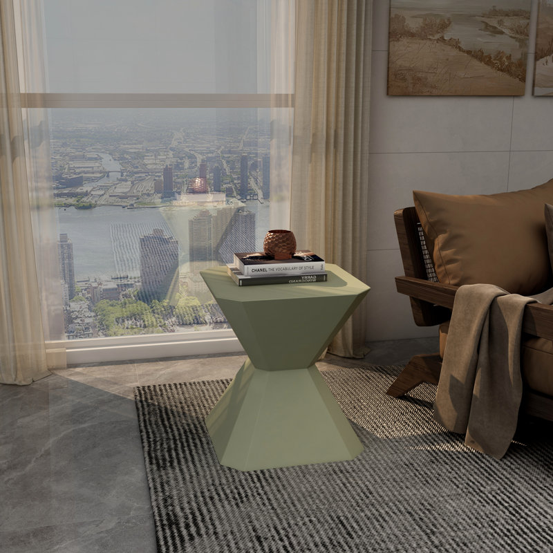 Chlora 17" Modern Geometric Hourglass End Table, Weatherproof Concrete Look Patio Side Table & Drum Nightstand, Olive Green