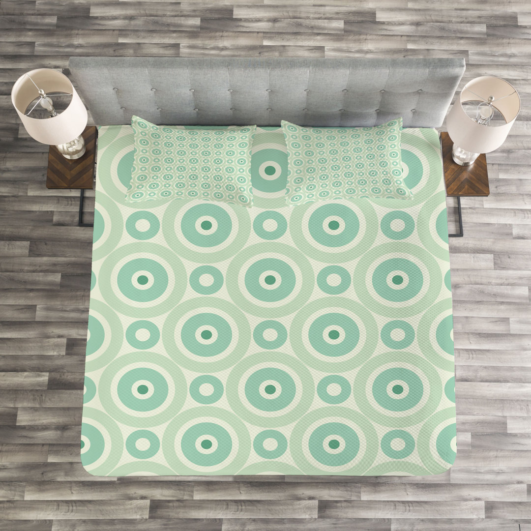 Gestepptes Bettdecken-Set, Retro Kreis-Geometric, Minze, Seafoam Mandelgrün