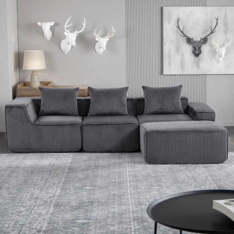Canapé modulaire en L avec repose-pieds Corduroy Boneless, Velours côtelé gris