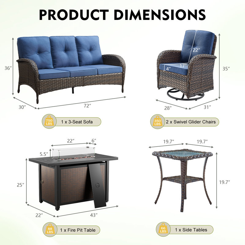 Ensemble de conversation pour patio en osier pour 5 personnes avec foyer et coussins Braxleigh, Bleu