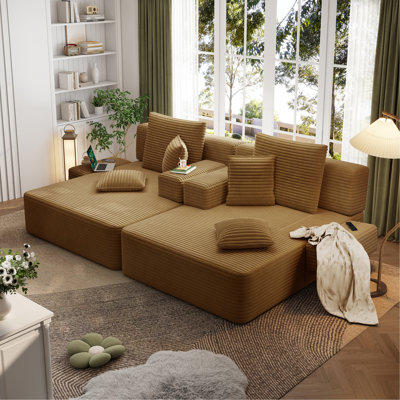 Ensemble 2 pièces surdimensionné de méridienne double, luxueux canapé-lit en velours côtelé moelleux avec 6 coussins et pochette de rangement, pour petits espaces, cinéma maison, salon, chameau