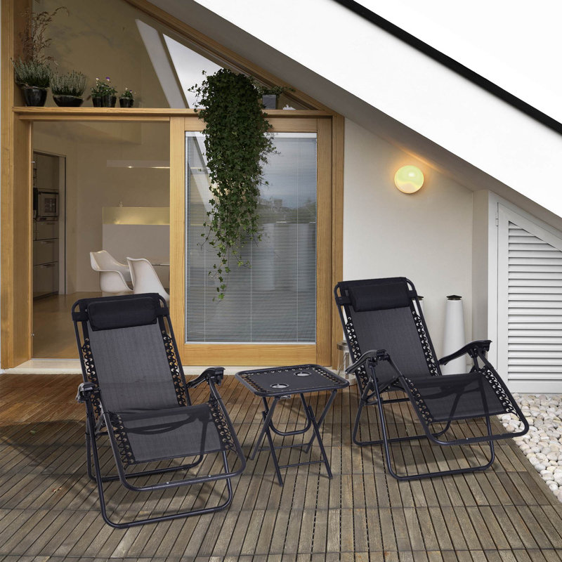 Strata 3-Piece Adjustable Lounger Set With Zero Gravity Support And Cup Holders, Black