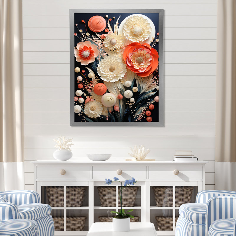 Fleurs de corail abstraites - reproduction sur toile, Cadre simple argenté, H 44 po x l 34 po x P 1,5 po
