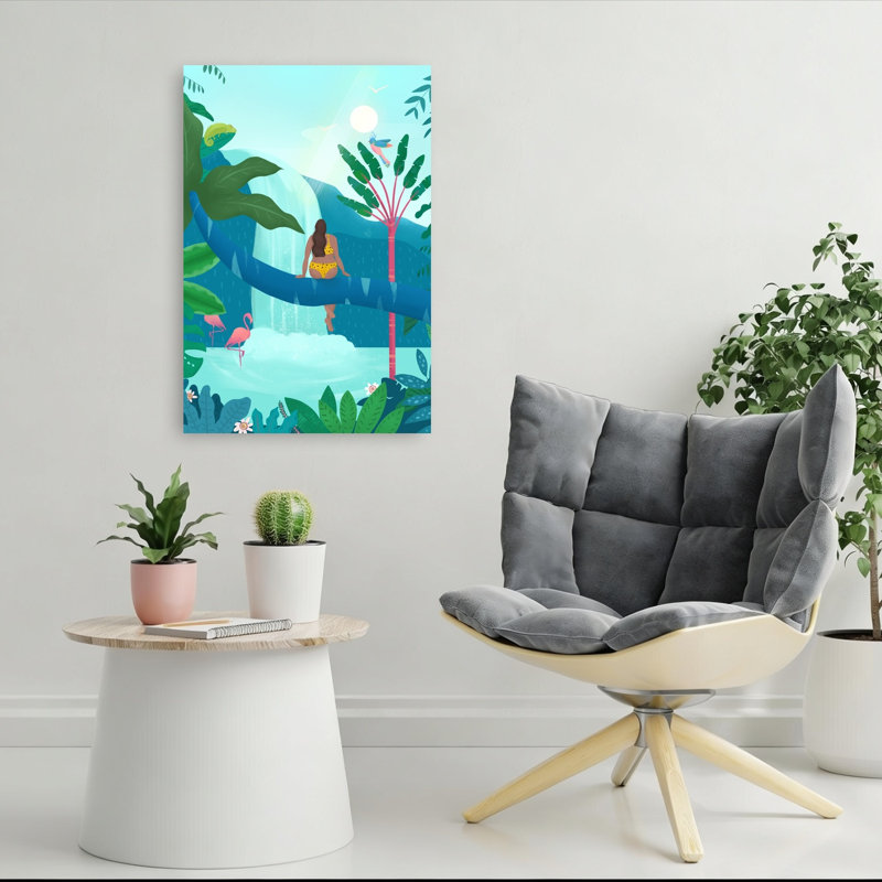 Jungle Girl Abstract Palm Tree Bird Flamingo Forest Landscape Wall Art Print, 91.44cm H x 60.96cm W