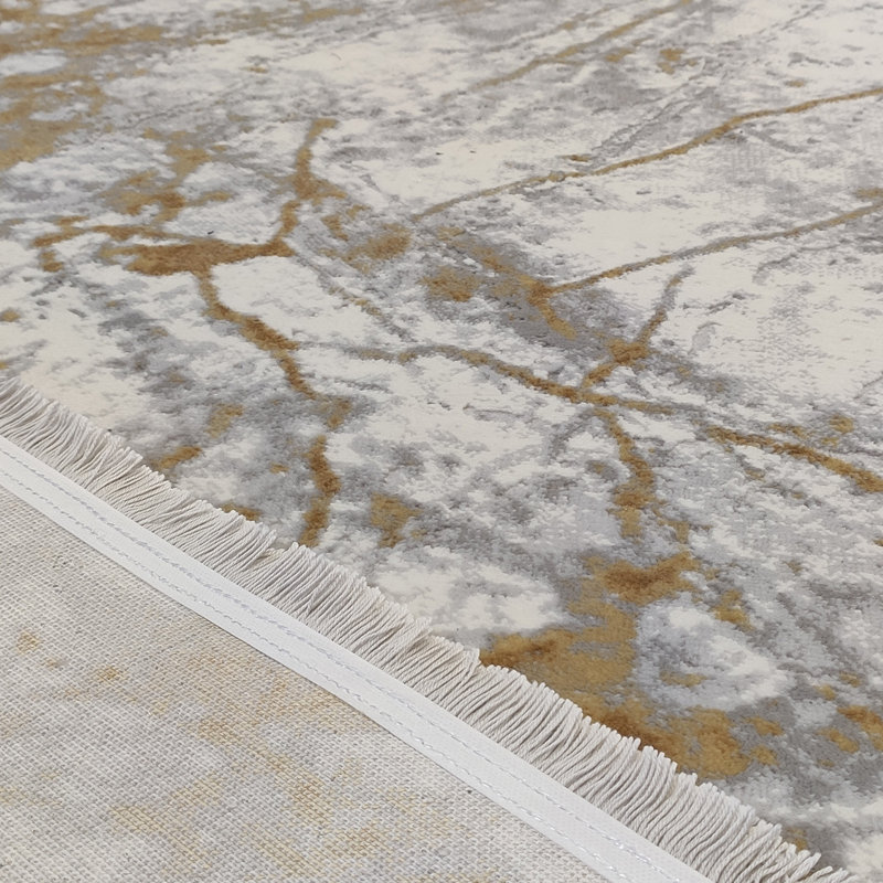 Tapis en polyester tissé à la machine à motif abstrait gris / or / blanc Vallauris, Rectangle 5 pi 5 po x 7 pi 7 po