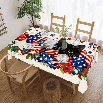 Tapis de table festonné 60 po x 120 po, motif de feu d'artifice de chat patriotique, décoration de fête de la fête de l'Independance