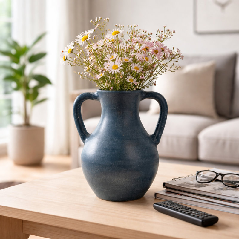 Kenith Handmade Terracotta Decorative Vase with Handle – Artisan Pottery Accent Vessel with Rustic Charm - Blue, Blue