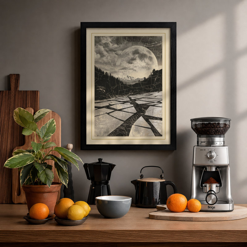 Moon Over Still Water Scandinavian - Framed Print, A1 - 84.1 x 59.4 cm, Black