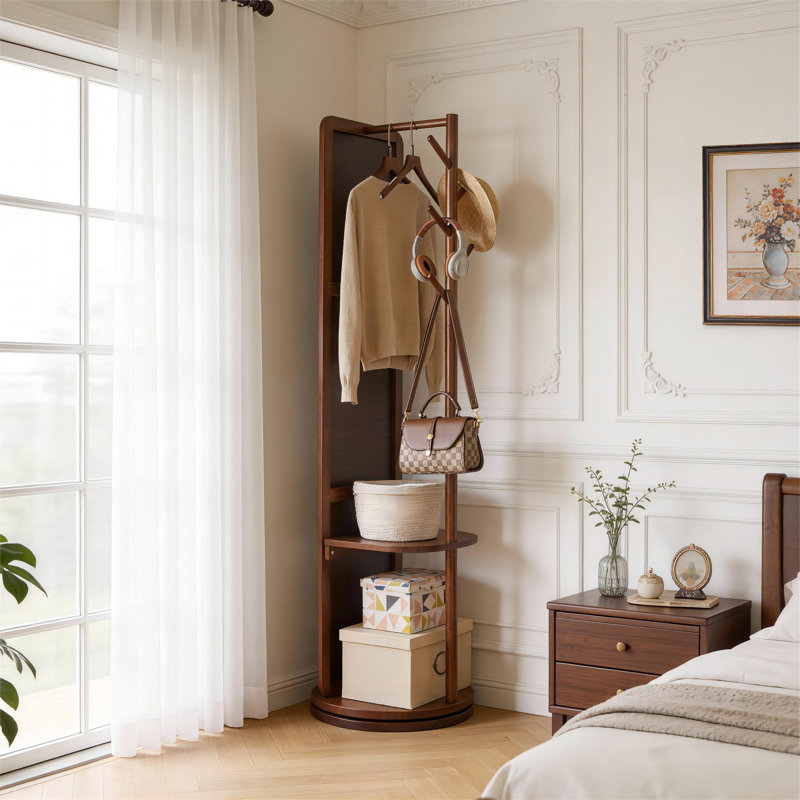 Miroir pivotant sur 360 ° en bois massif avec portemanteau, Walnut