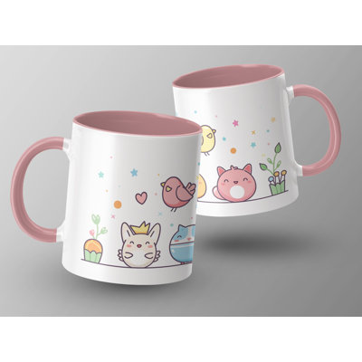 Kids Drawing Style 11oz Accent Mugs – Ceramic Coffee Cup with a Pink Handle and Interior