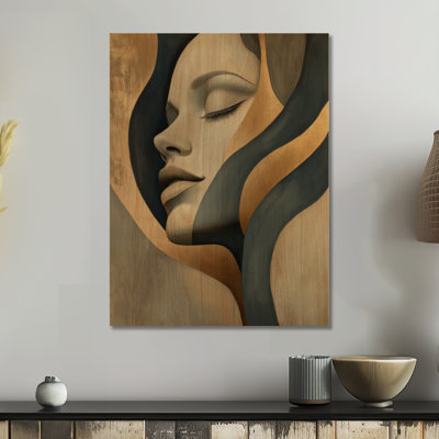 Portrait d'une femme au repos doré - Décoration murale pour femme élégante, imprimée sur bois