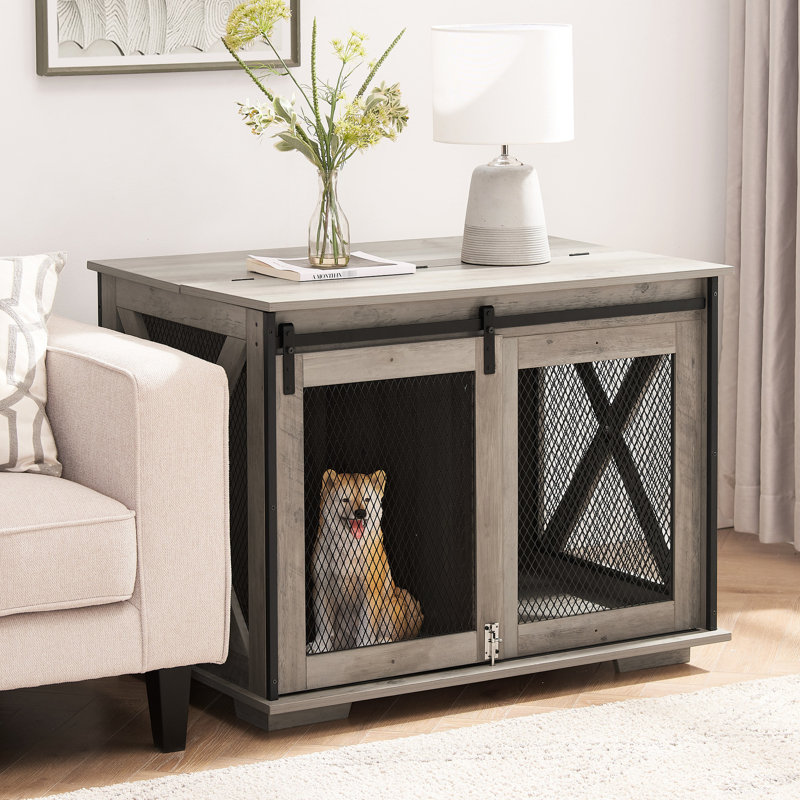 Niche pour chien avec porte de grange coulissante et cloison intérieure réglable, porte amovible grise, finition, Gris délavé